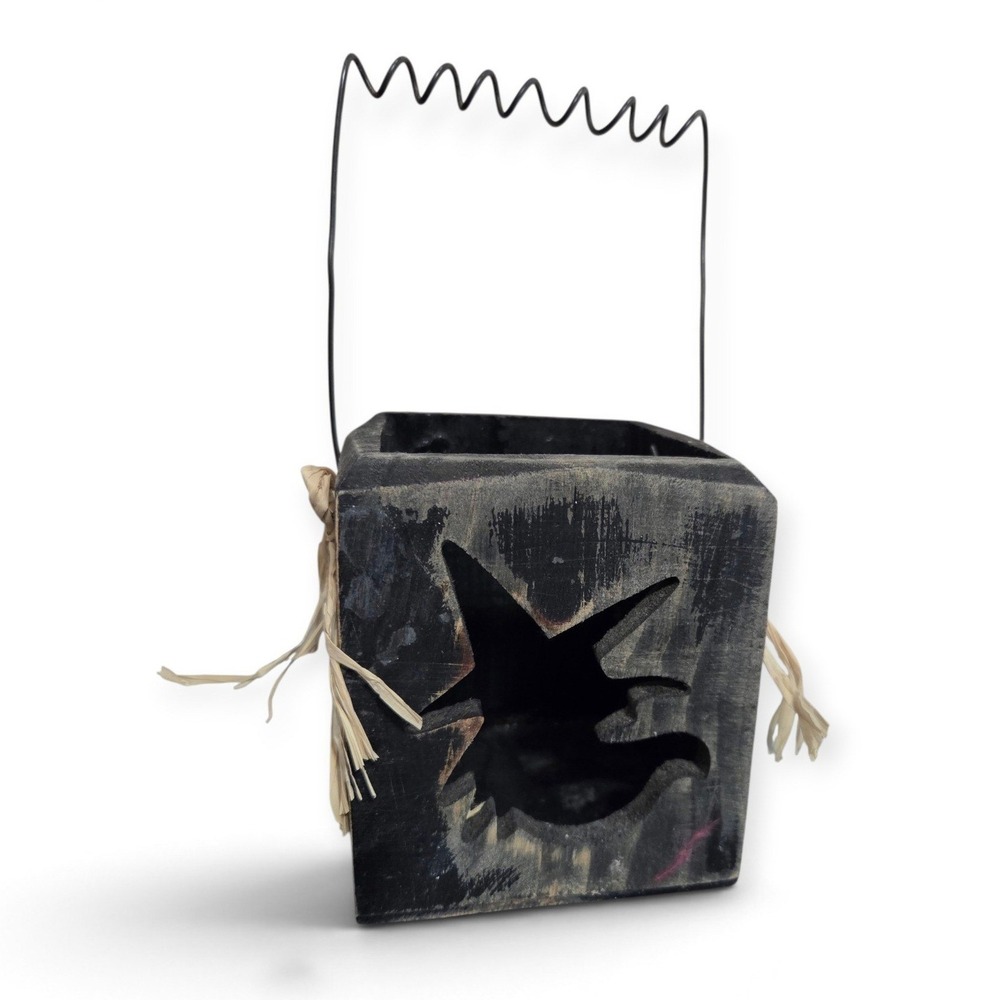 Primitive Halloween Witch Silhouette Wood Lantern Distressed Black Decor